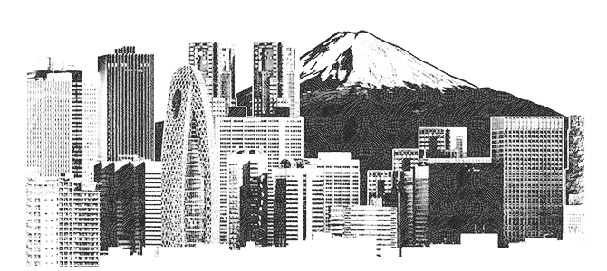Illustration of Tokyo and Mt Fuji